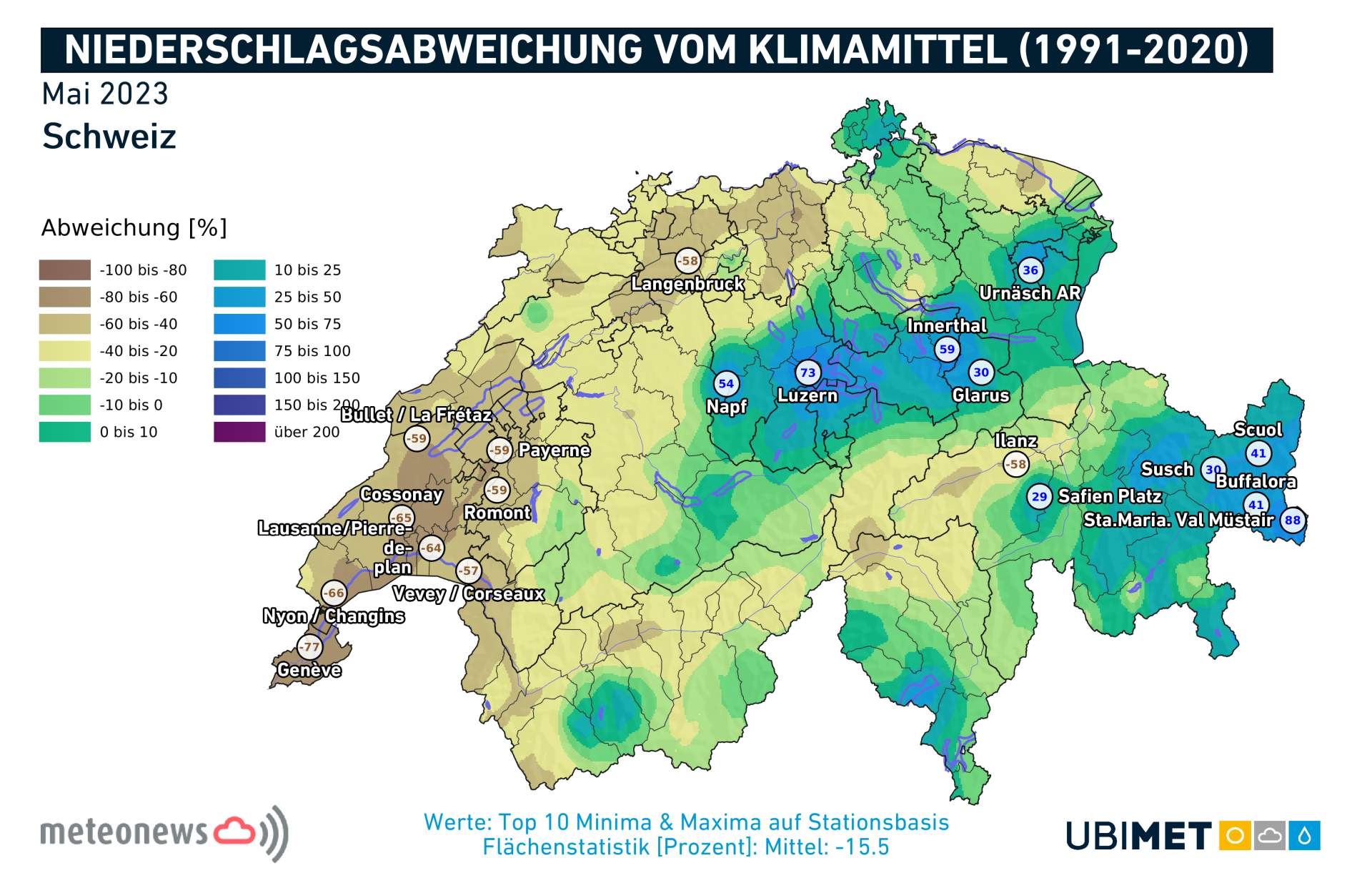 Abb. 2: Niederschlagsabweichung im Vergleich zur Klimanorm im vergangenen Mai; Quelle: MeteoNews, Ubimet