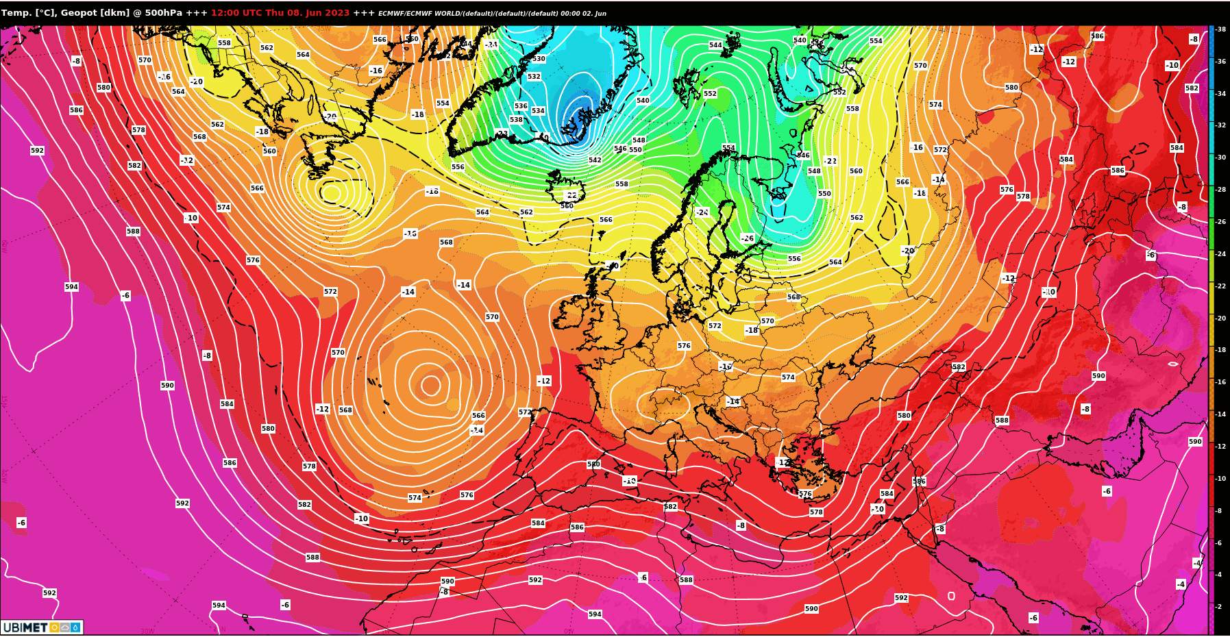 Abb. 2: Ausgeprägtes Omegahoch über Westeuropa in der zweiten Hälfte kommender Woche (europäisches Wettermodell ECMWF); Quelle: MeteoNews, Ubimet