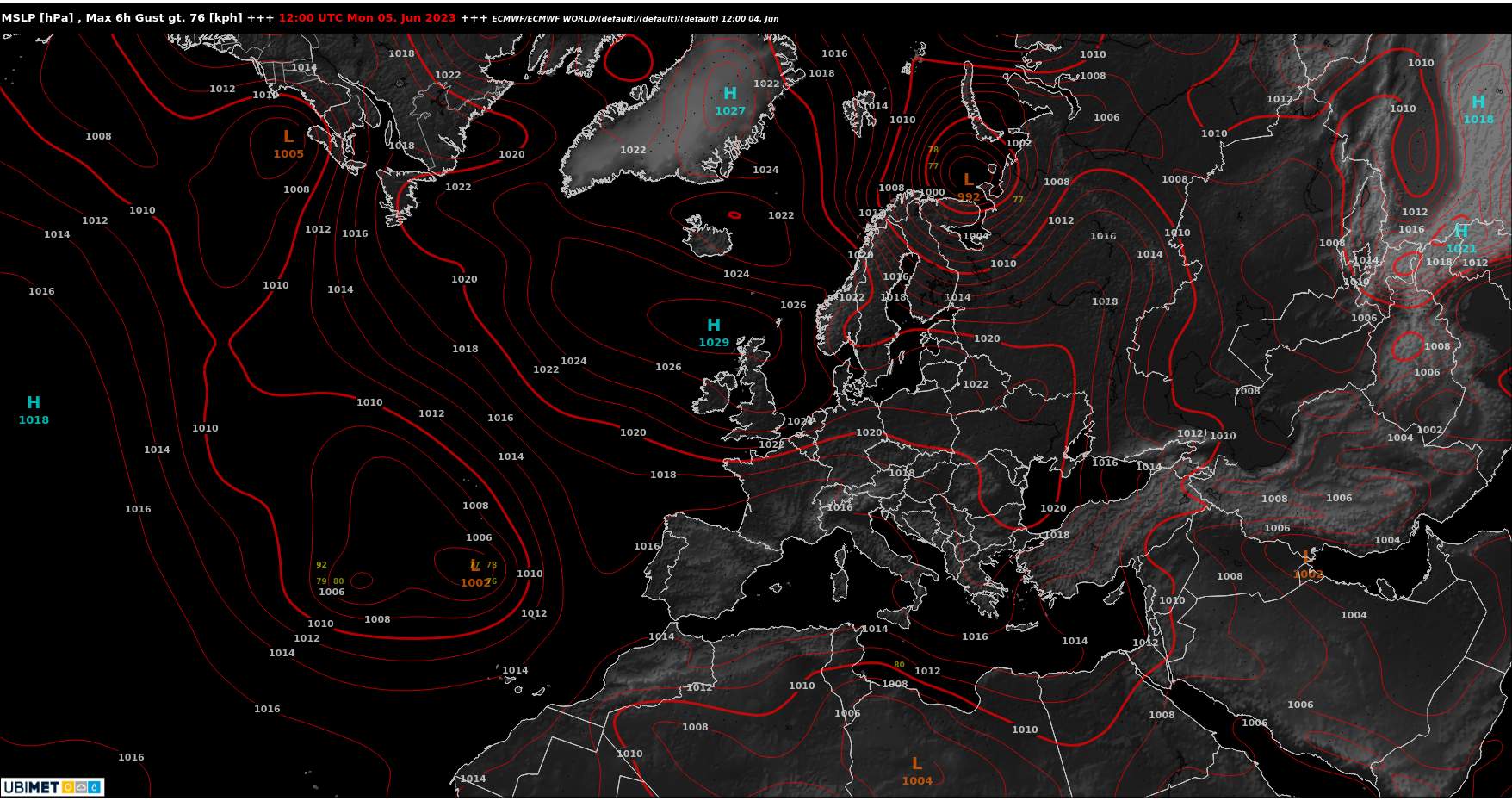 Abb. 1: Hoch Wiola liegt akutell im Atlantik vor der Küste Irlands und Schottlands (ECMWF); Quelle: MeteoNews, Ubimet