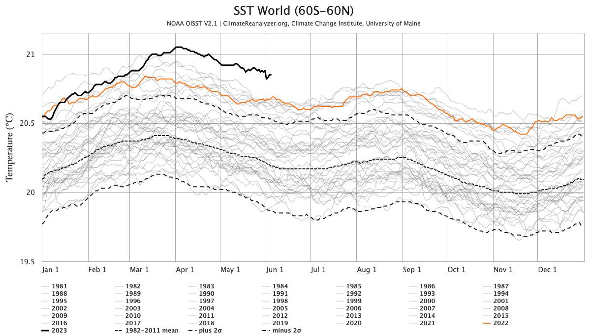 Abb. 1: Durchschnittliche Meeresoberflächentemperatur im Vergleich mit den Jahren seit 1981; Quelle: climatereanalyzer