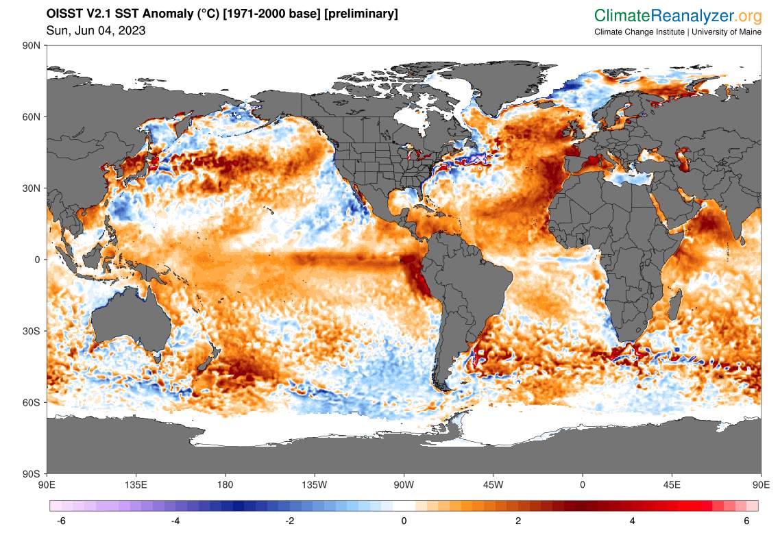 Abb. 2: Aktuelle Anomalie der Meeresoberflächentemperatur; Quelle: climatereanalyzer