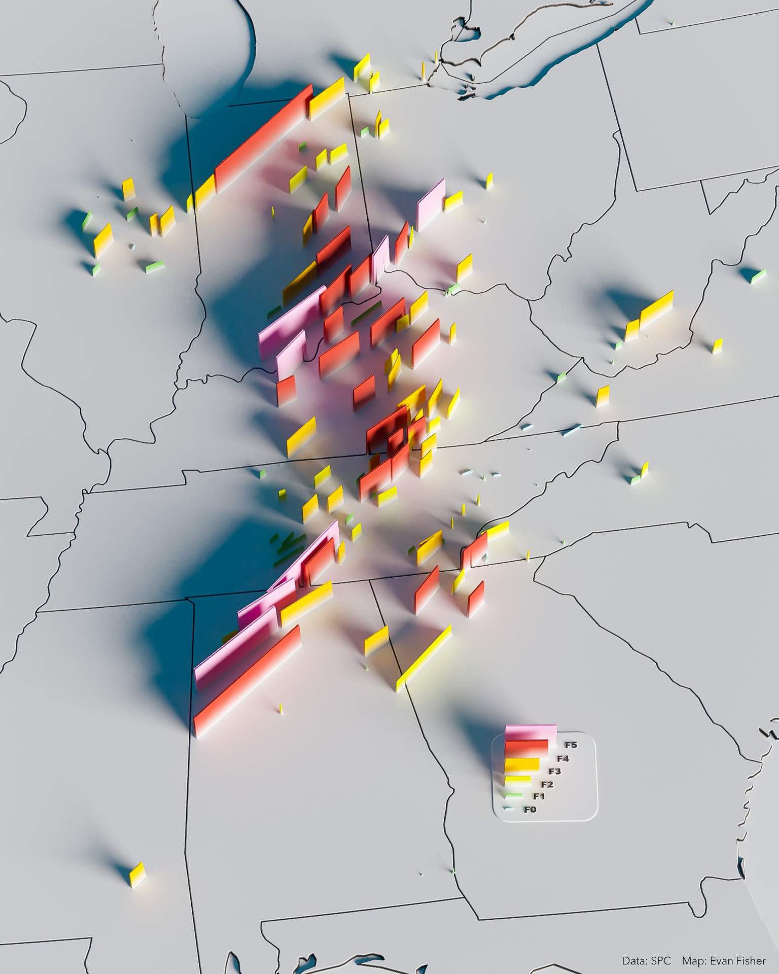 Fig. 3: Trajectories of the various tornadoes during the 1974 super outbreak.; Source: Evan Fisher (via Twitter)