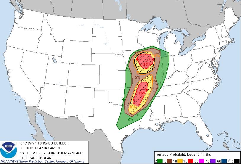 Fig. 4: Probabilité de formation de tornades aujourd'hui mardi 4 avril 2023; Source: NOAA