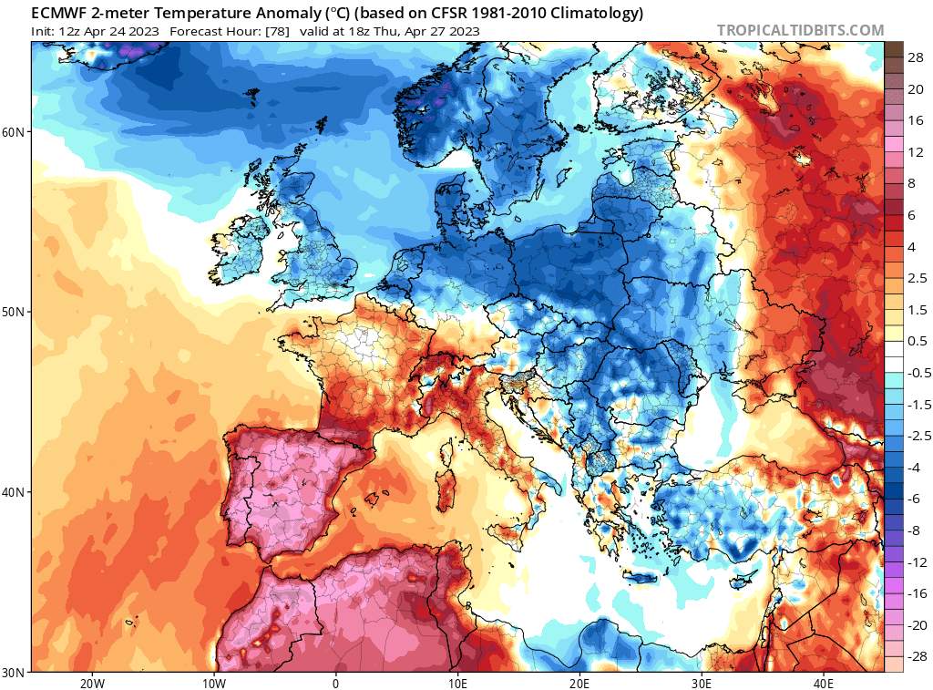 Fig. 2: Temperature anomaly for Thursday, April 27, 8 pm. Almost all of Spain has temperatures about 15 degrees above the climate norm.; Source: Tropical Tidbits