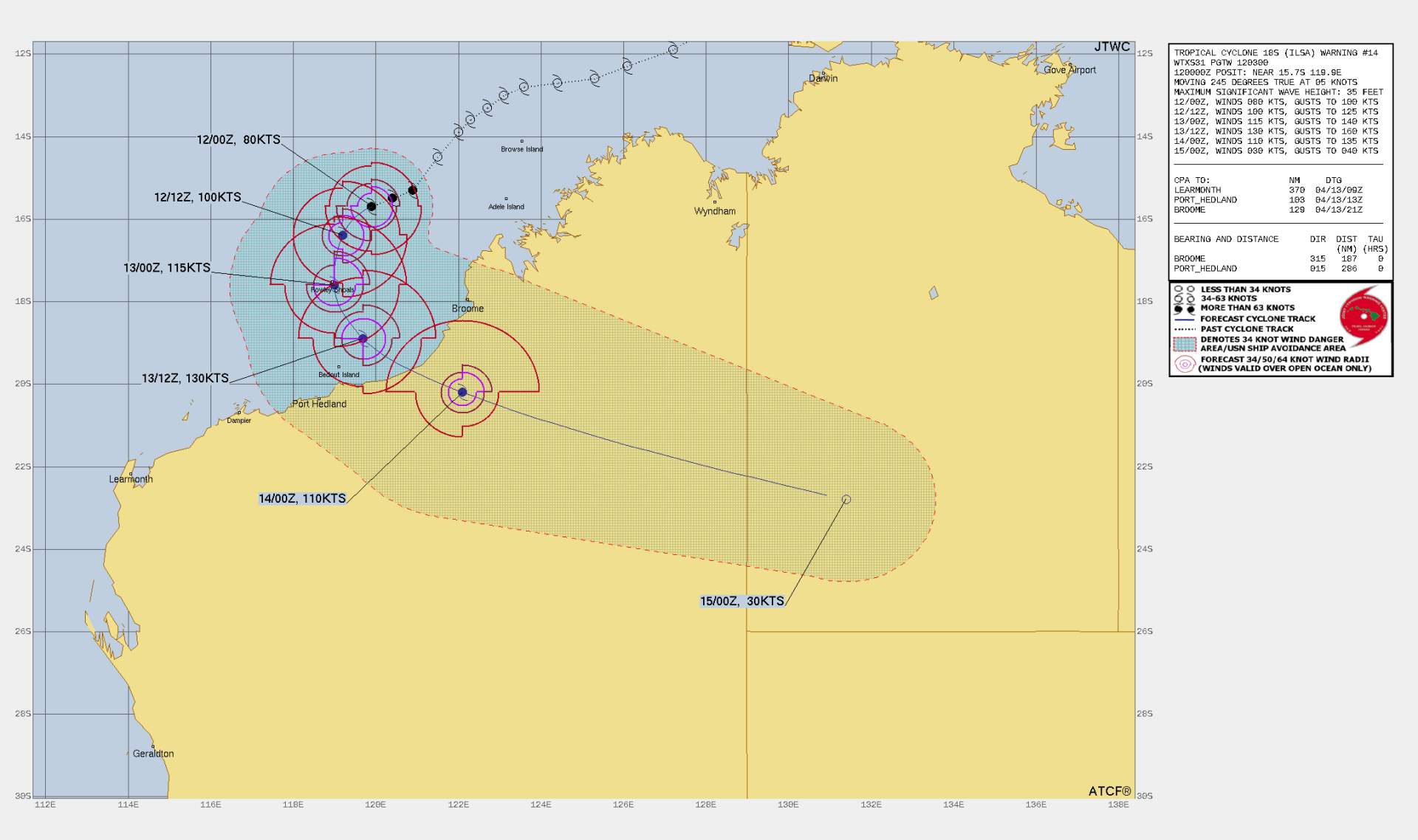 Fig. 1: Further train path of Ilsa with the wind strengths to be expected in time; Source: Joint Typhoon Warning Center