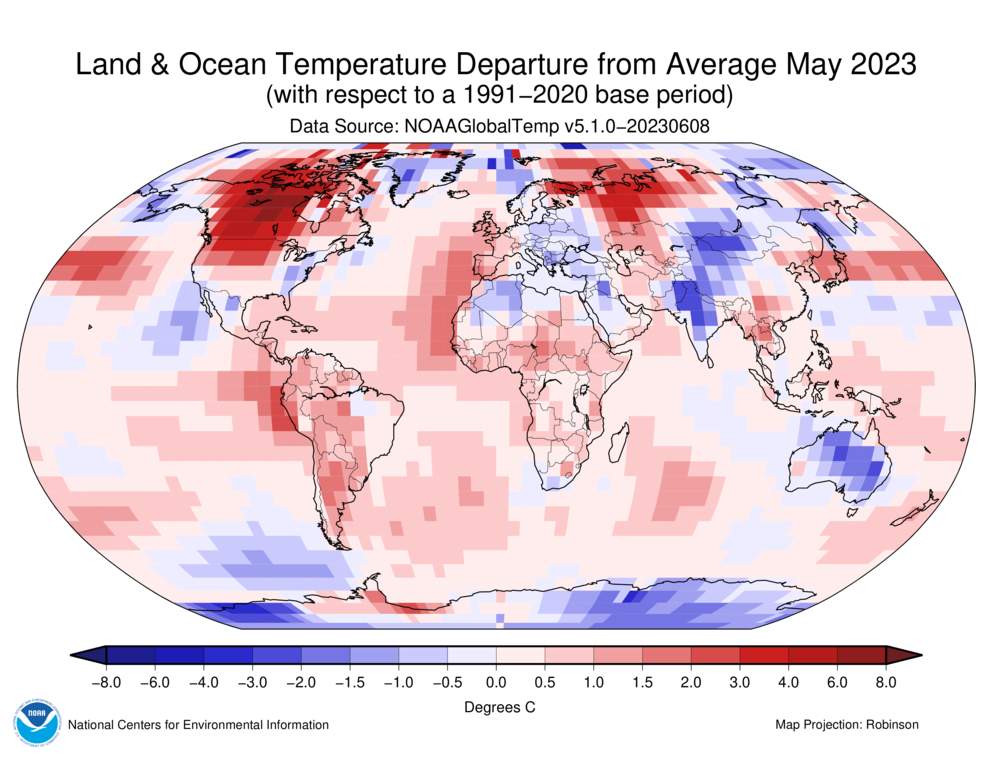 Ecarts thermiques relevés en mai 2023 dans le monde (NOAA); Source: NOAA