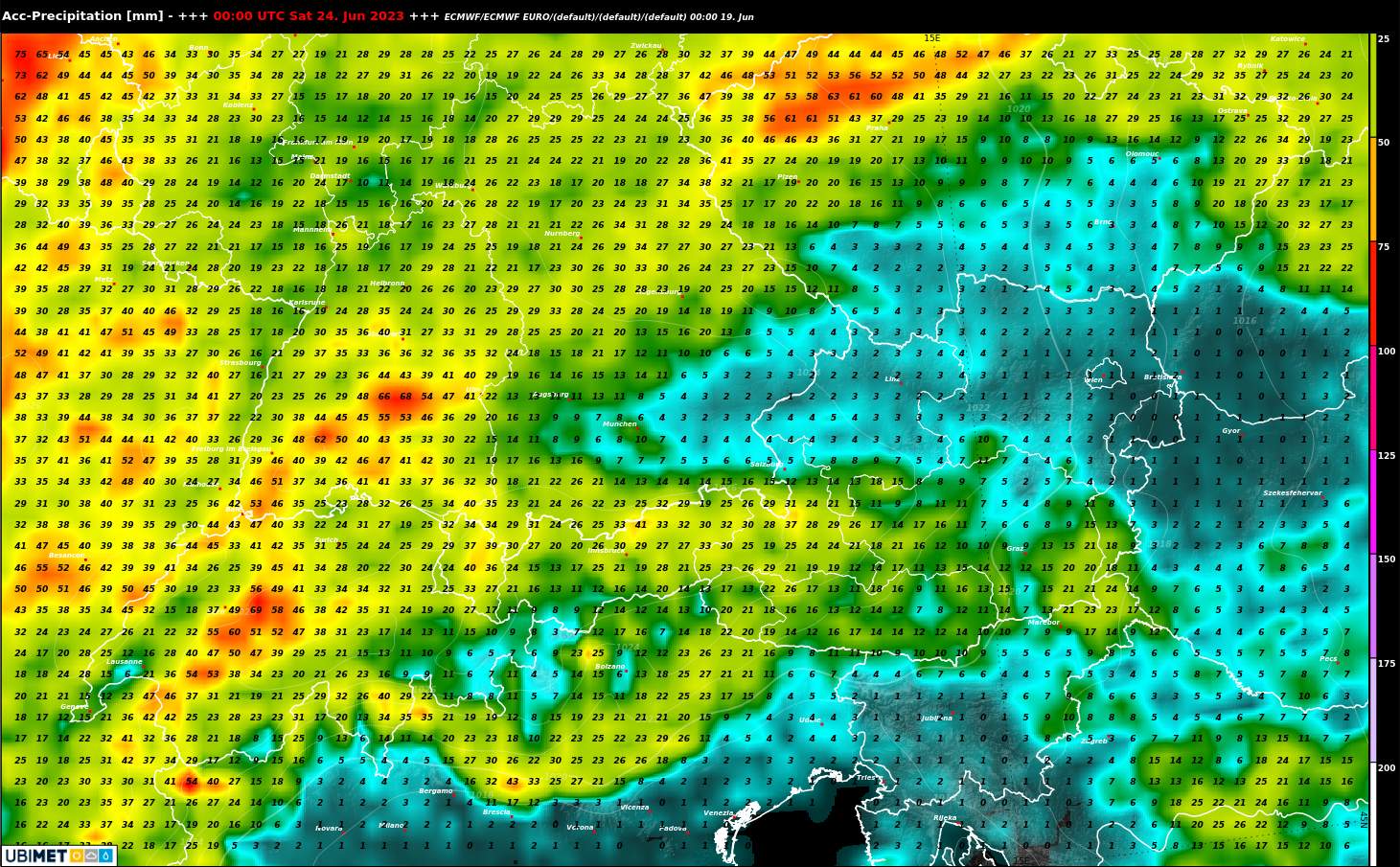 Abb. 2: Niederschlagssumme bis Samstag nach dem europäischen Wettermodell; Quelle: ECMWF