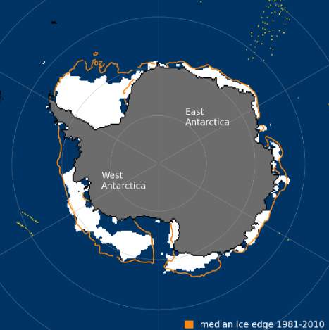Fig. 3: Sea ice extent on January 8, comparison with mean extent from 1981 to 2010 (source: nsidc.org).; Source: nsidc.org