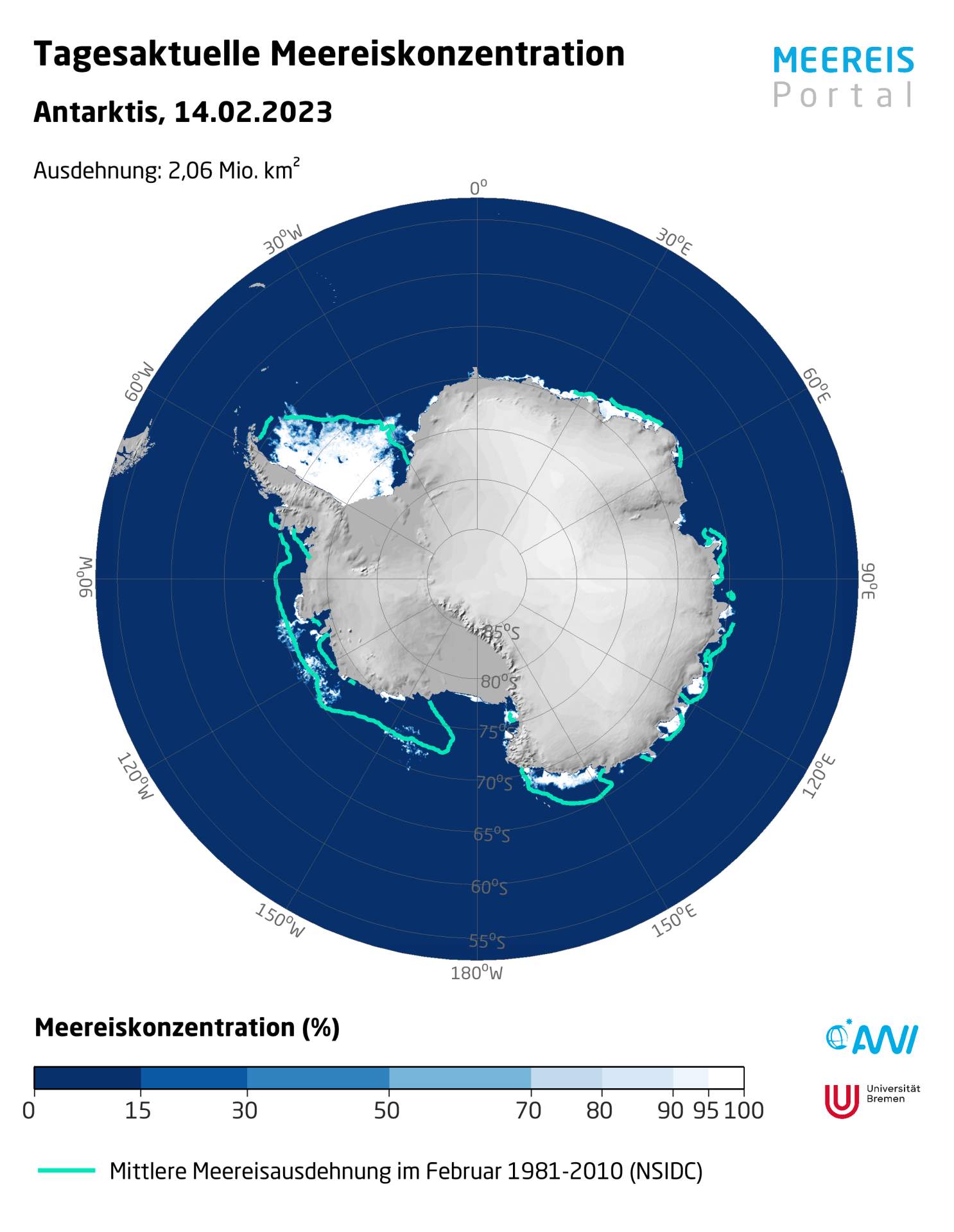 Fig. 2: Sea ice concentration on February 14, 2023.; Source: meereisportal.de