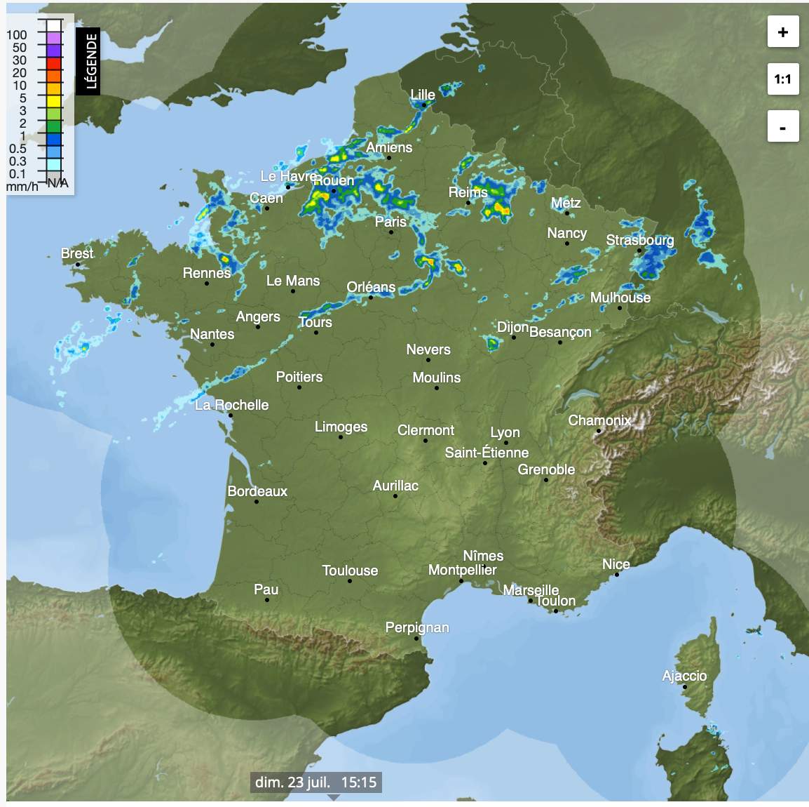 Radar précipitations pour ce dimanche à 16h; Source: METEONEWS