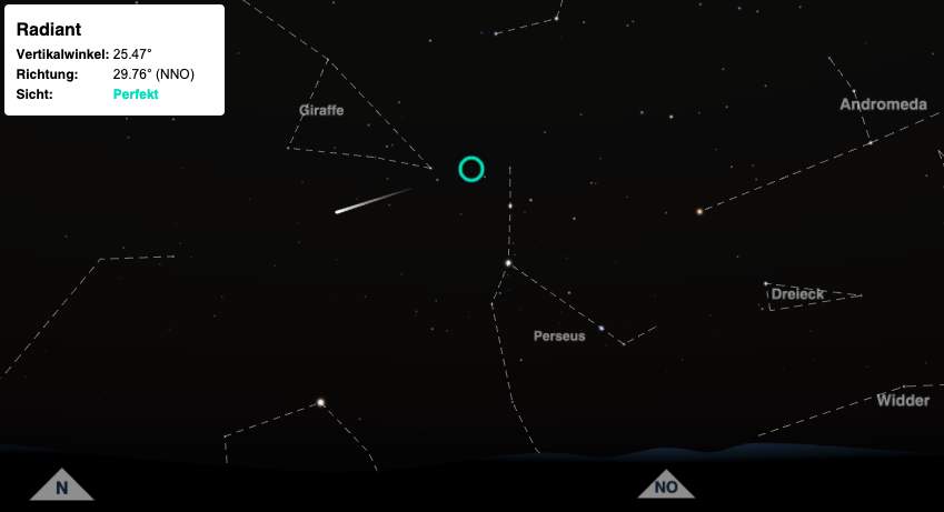 Fig. 1: Samedi 12 août 23:00 CEST. Radiant dans la partie supérieure de la constellation de Persée, Lune encore sous l'horizon; Source: timeanddate.de