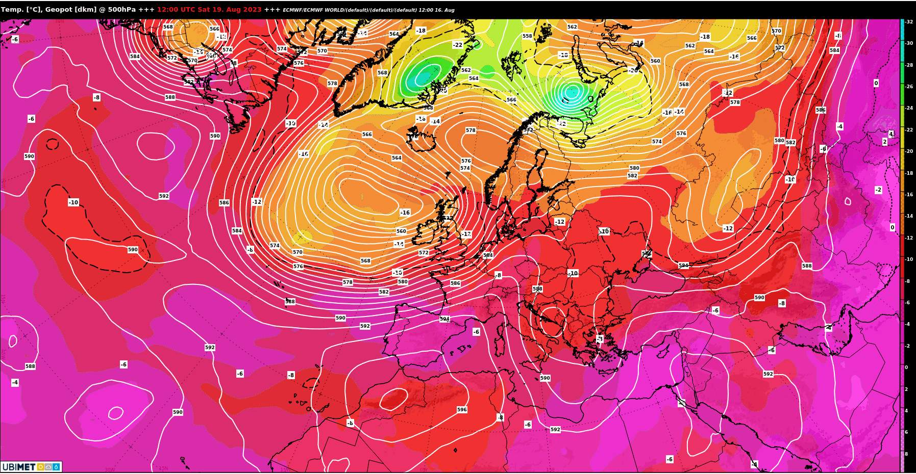 Abb. 2: Ab Samstag befindet sich ein stabiler und länger anhaltender Hochdruckrücken über uns (europäisches Wettermodell ECMWF) ; Quelle: MeteoNews, UBIMET