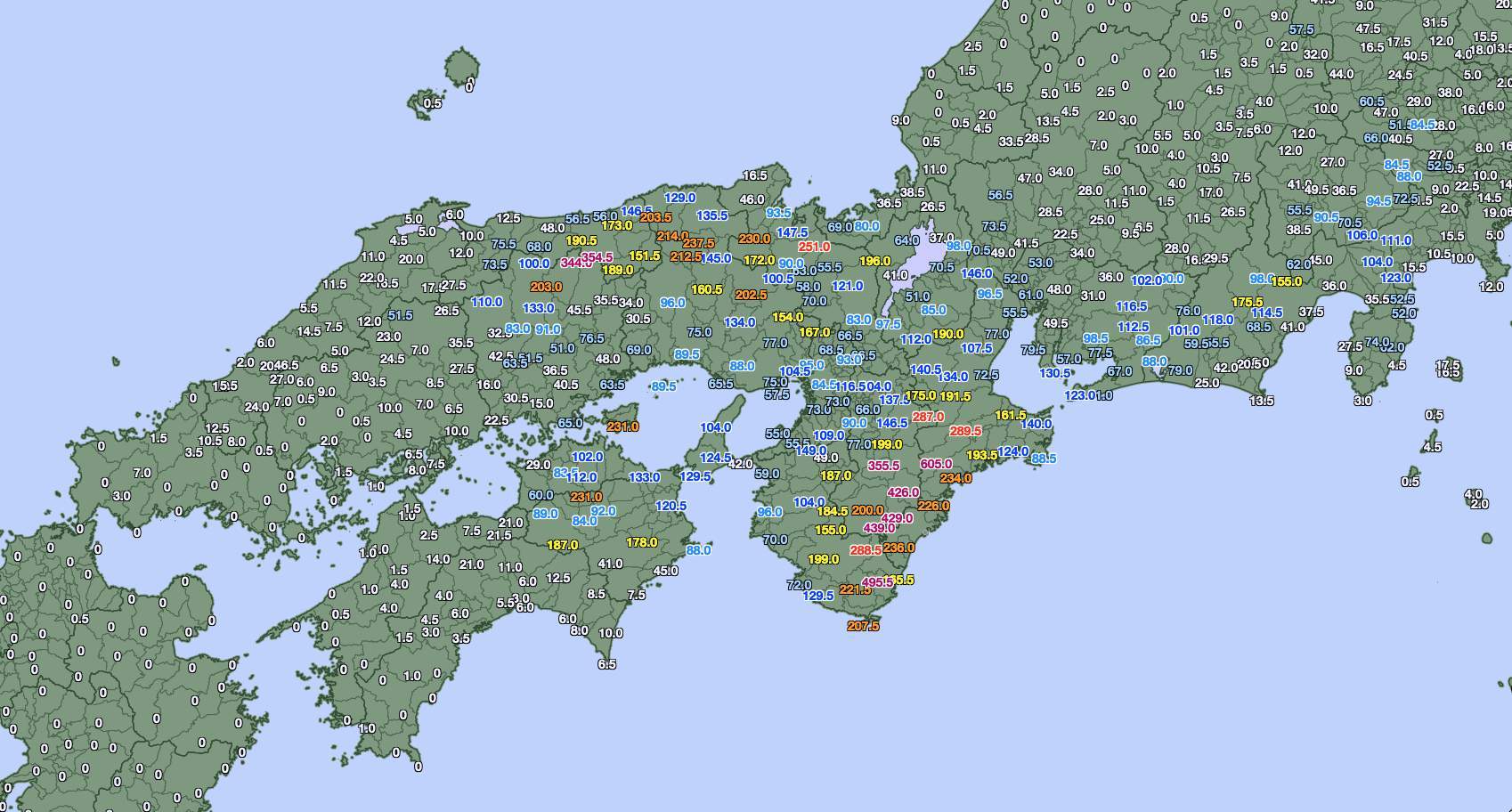 Precipitation in l/m2 over the last 24 hours; Source: Japan Meteorological Agency