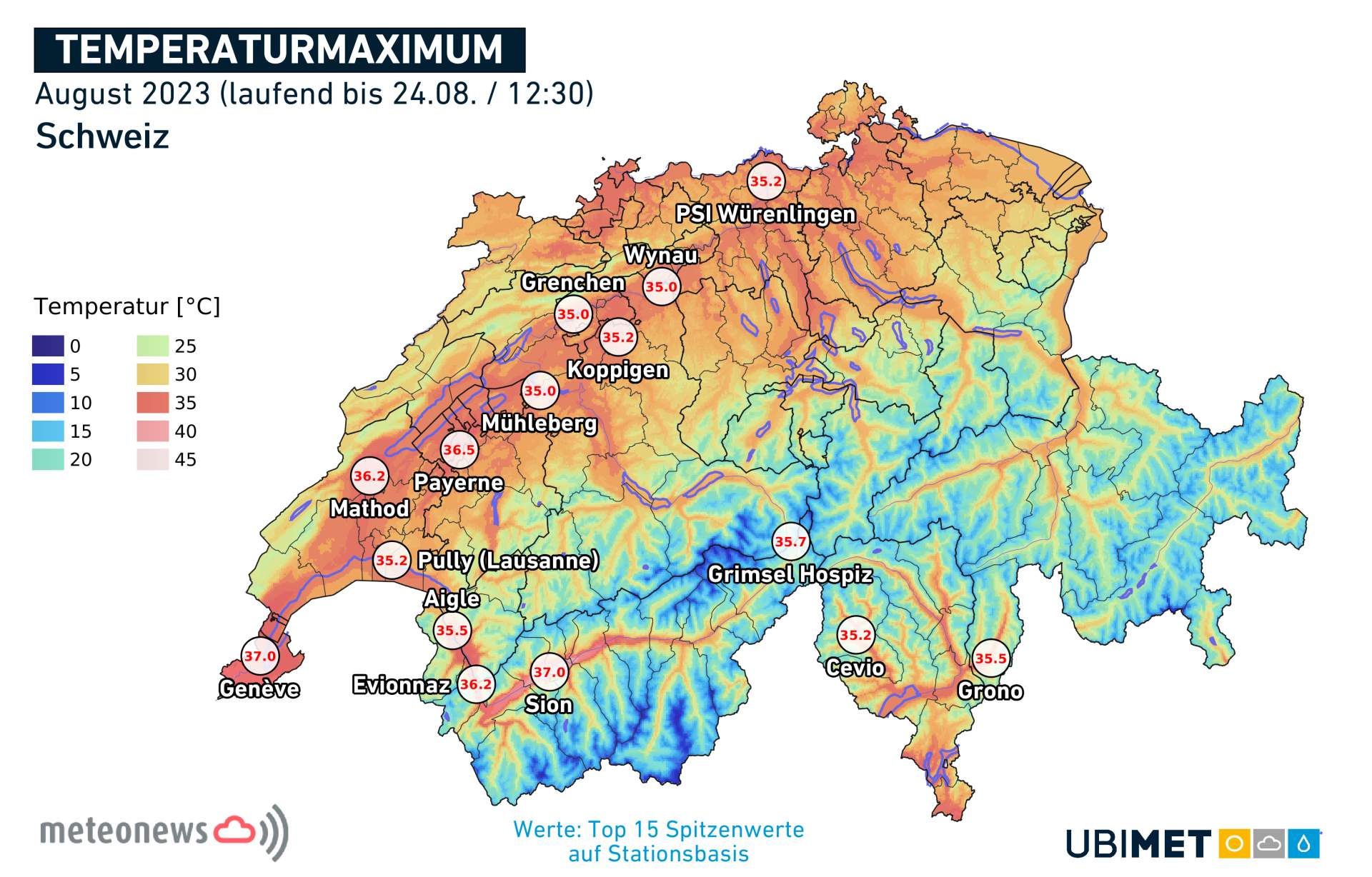 Températures maximales mesurées ces derniers jours en Suisse; Source: MeteoNews