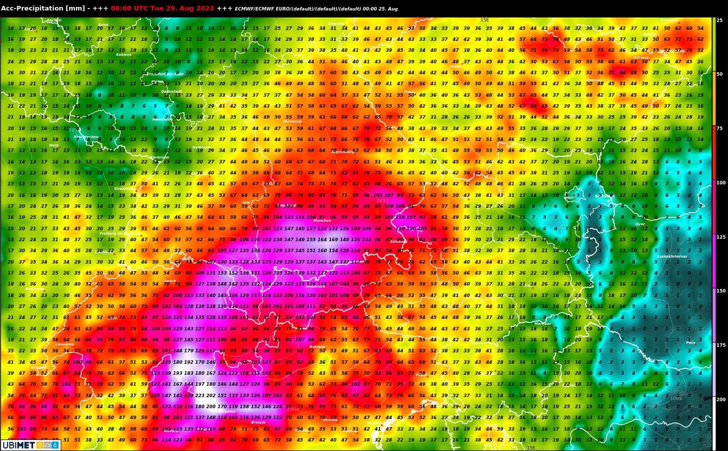 Abb. 6: Regensumme bis Dienstag nach dem europäischen Wettermodell ECMWF; Quelle: MeteoNews, UBIMET