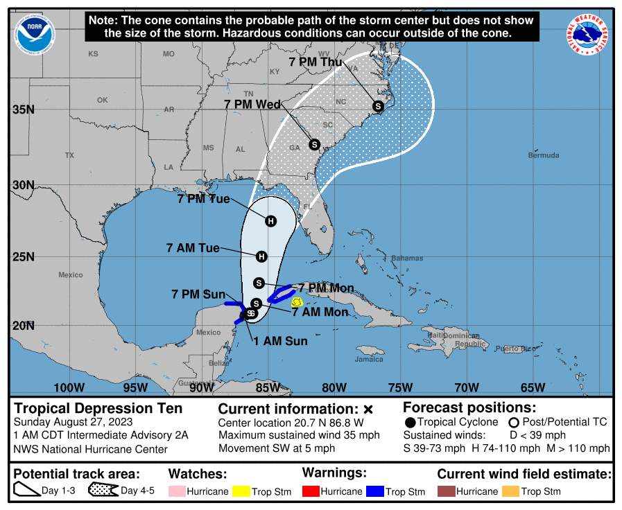 Fig. 3: Trajectoire prévue de l'ouragan Idalia.; Source: NOAA