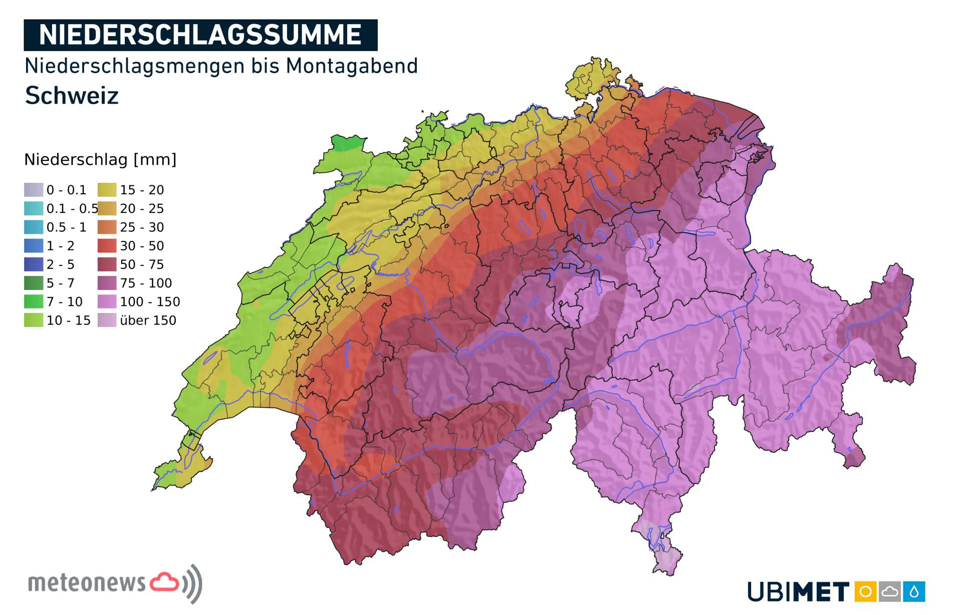 Abb. 1: Niederschlag von Sonntagmorgen bis Montagabend; Quelle: UBIMET/MeteoNews