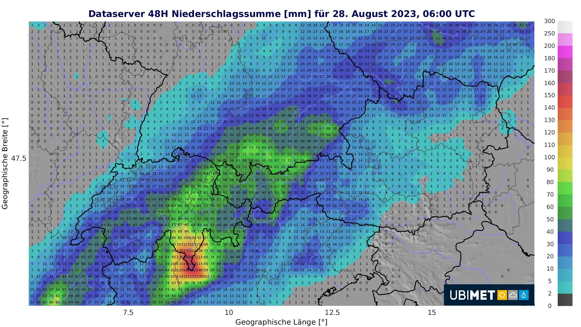 Fig. 3: 48-hour precipitation totals through Monday, August 28 06 a.m. UTC ; Source: MeteoNews, Ubimet