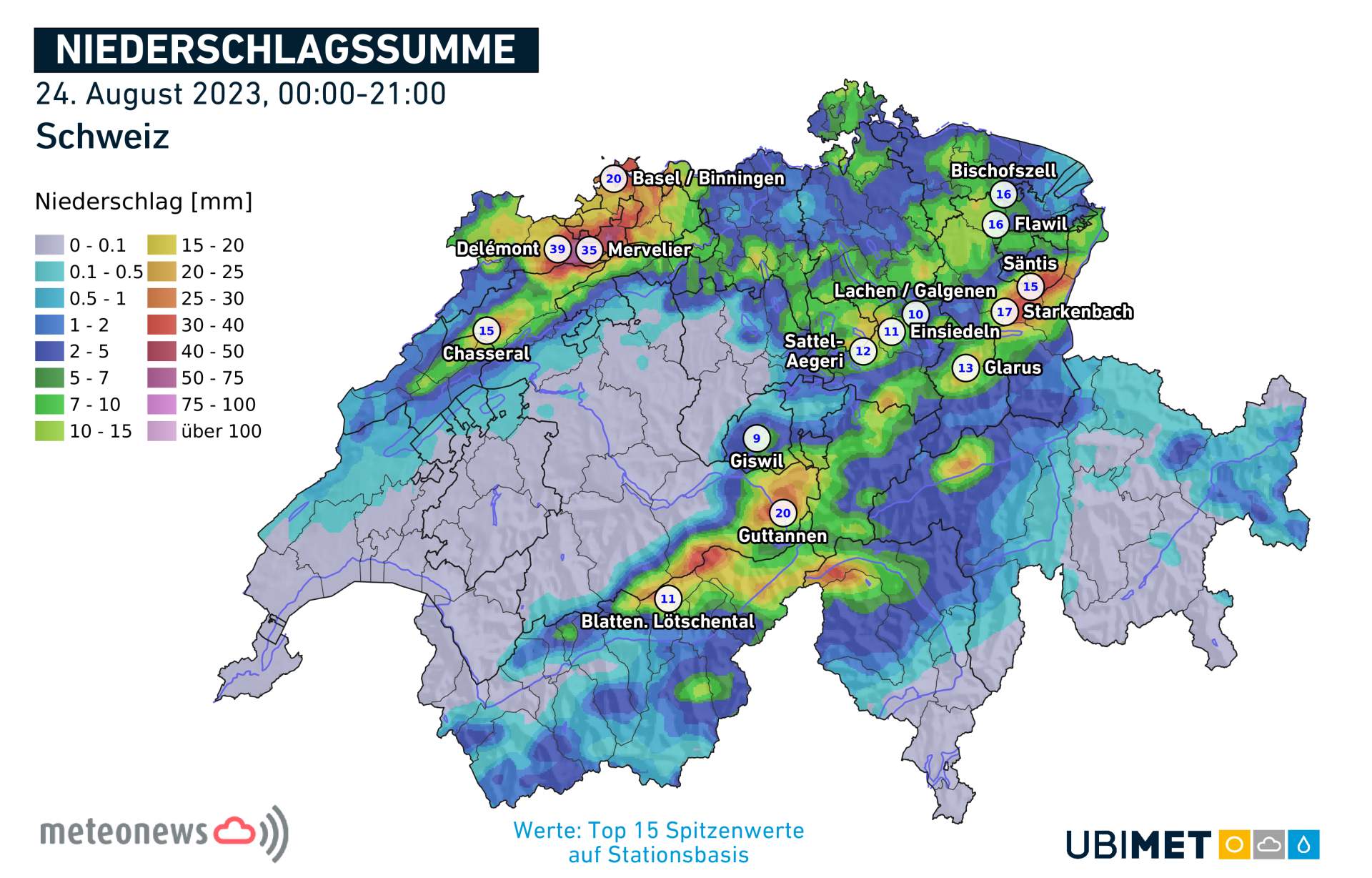 Fig. 2: Precipitation total from 24 August 2023 to 9 pm. Northwestern Switzerland and regions along the Alps and Pre-Alps were most affected.; Source: UBIMET, MeteoNews