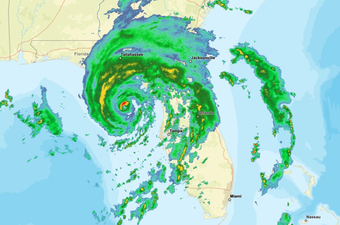 Fig. 2: Image radar actuelle montrant les bandes de pluie de l'ouragan Idalia.; Source: NOAA