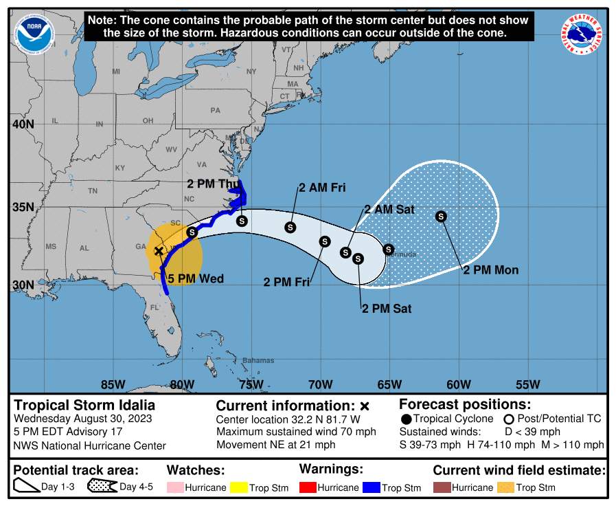 Abb. 2: Weiterer Verlauf des ehemaligen Hurrikans Idalia; Quelle: NOAA