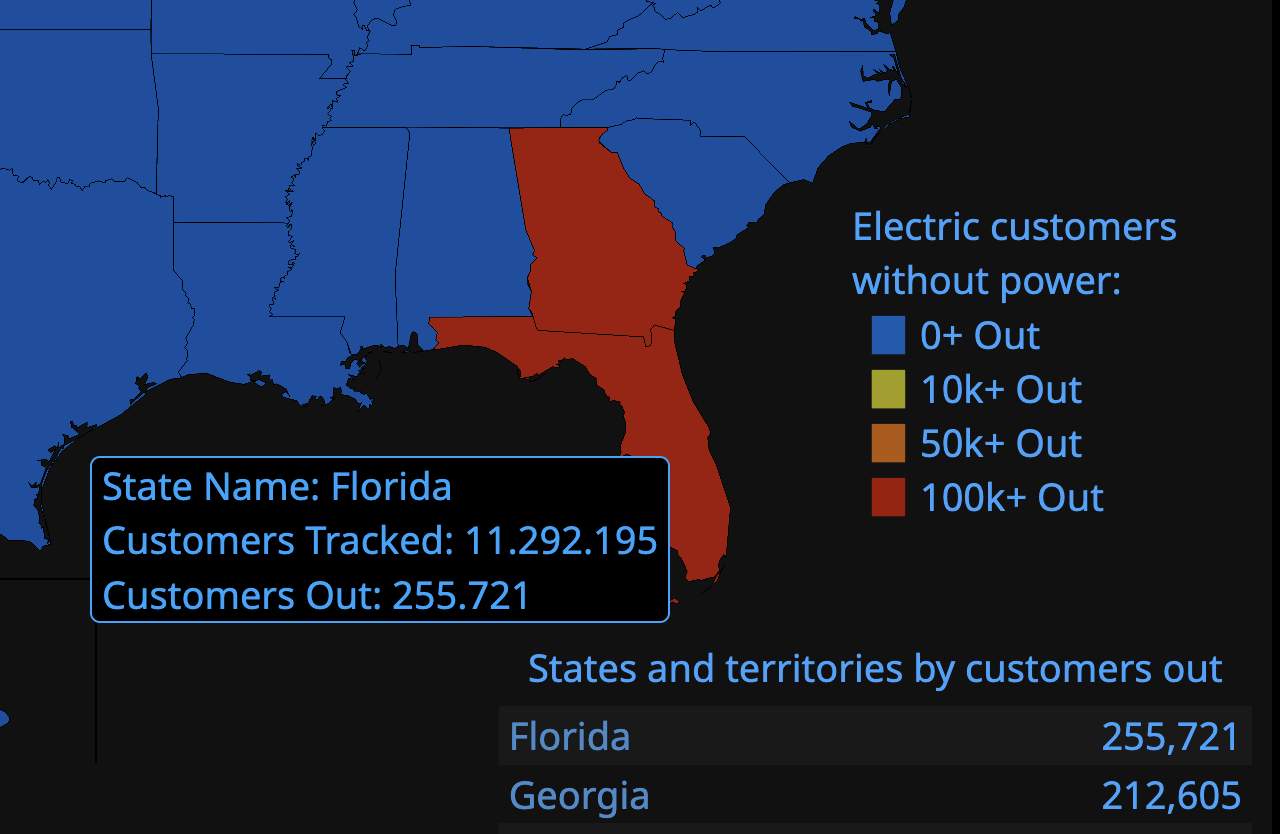 Abb. 1: Mehrere hunderttausend Haushalte in Florida und Georgia sind derzeit von der Stromversorgung abgeschnitten.; Quelle: poweroutage.us