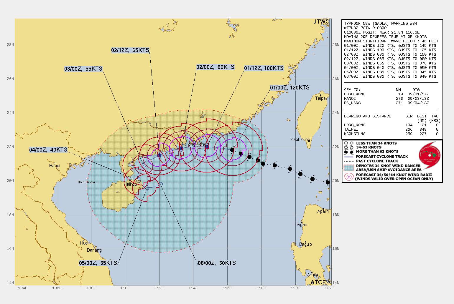 Fig. 1: Trajectoire prévue du typhon Saola; Source: JTWC