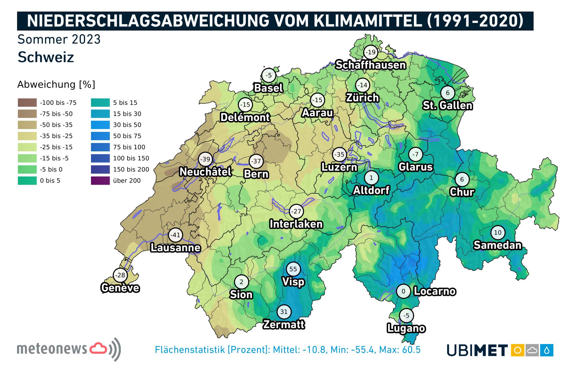 Fig. 3: Precipitation deviation in summer 2023 compared to the climate mean 1991-2020.; Source: MeteoNews, Ubimet