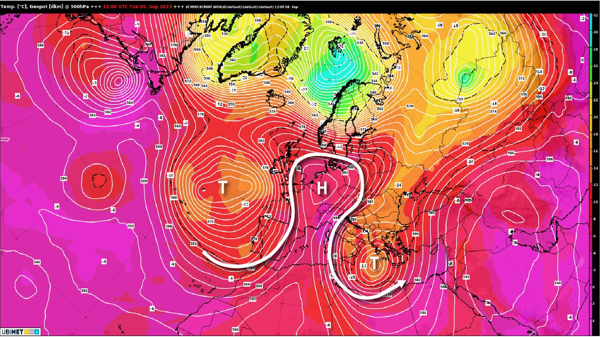 Fig. 1: Situation météorologique ce mardi : anticyclone en forme d'oméga sur l'Europe centrale (modèle météo européen ECMWF); Source: MeteoNews, UBIMET