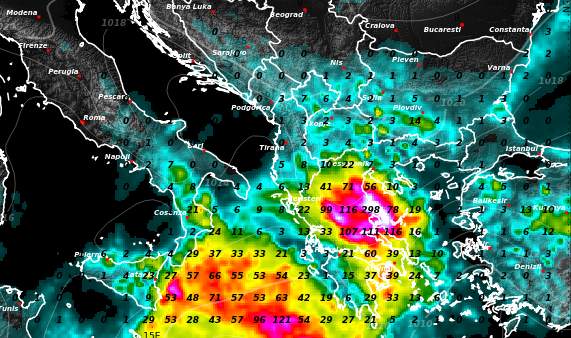Fig. 2: Precipitation forecast by ECMWF from Wednesday, September 6 2 a.m. to Friday, September 8 2 a.m.. According to this model, up to 300 mm are possible again locally until Friday.; Source: MeteoNews, UBIMET