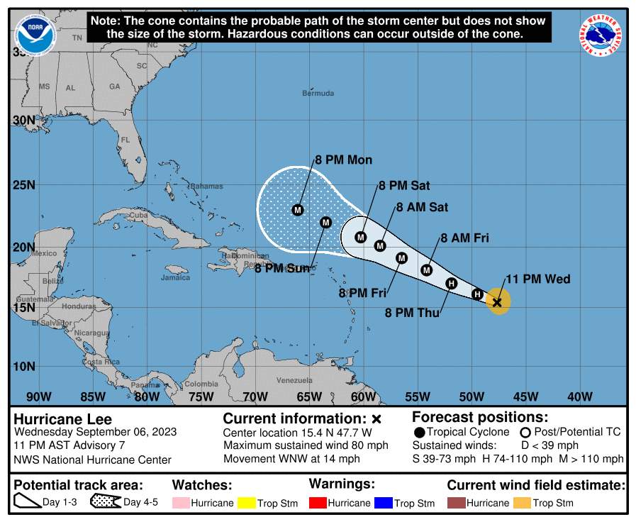 Abb. 2: Prognostizierte Entwicklung und Zugbahn von Hurrikan Lee.; Quelle: NOAA