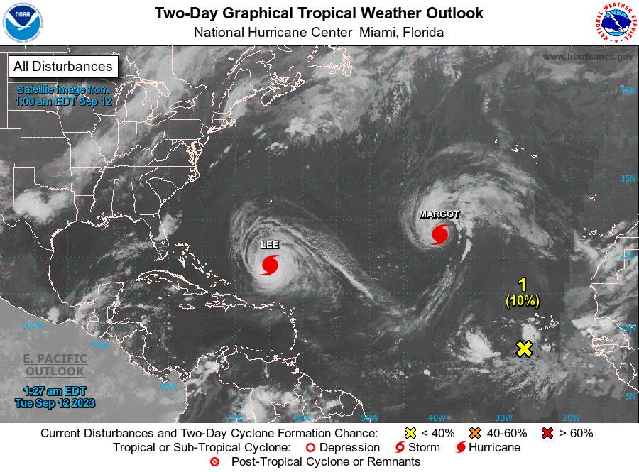 Abb. 1: Aktuell gibt es im Atlantik zwei Hurrikans: Lee und Margot; Quelle: NOAA