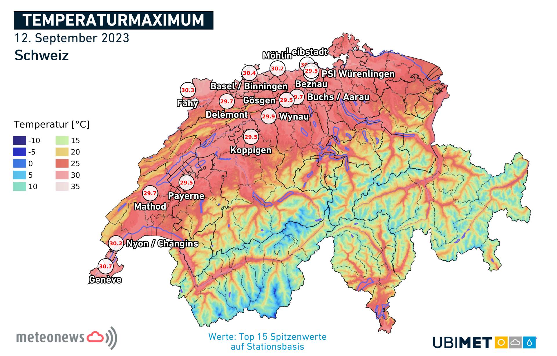 Températures maximales mesurées mardi en Suisse; Source: MeteoNews
