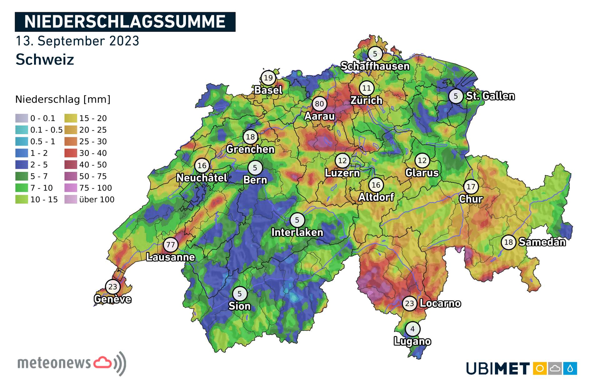 Précipitations enregistrées en Suisse mercredi; Source: MeteoNews
