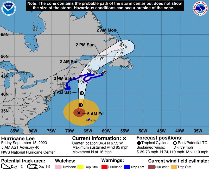 Abb. 2: Weitere Zugbahn von Hurrikan Lee, Landfall morgen Samstag; Quelle: NOAA, NHC