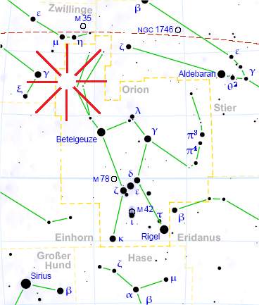Fig. 3: Position of the radiant in the Orionids, left above Betelgeuse; Source: Wikipedia