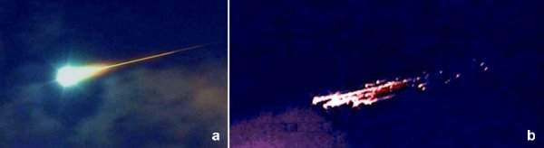 Fig. 2: Image of a fireball with the plasma lighting up as well as an image of a breaking meteor; Source: Wikipedia
