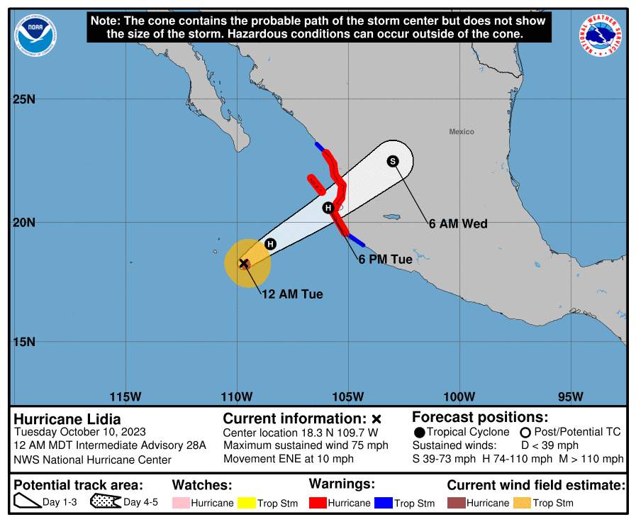 Fig. 1: Trajectoire prévue de Lidia; Source: NWS National Hurricane Center