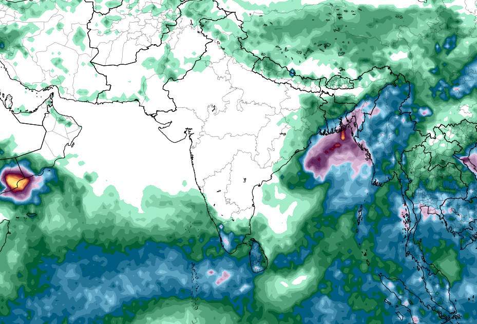 Abb. 2: Akkumulierte Niederschläge bis 26. Oktober 00 UTC (ECMWF; Quelle: tropicaltidbits.com