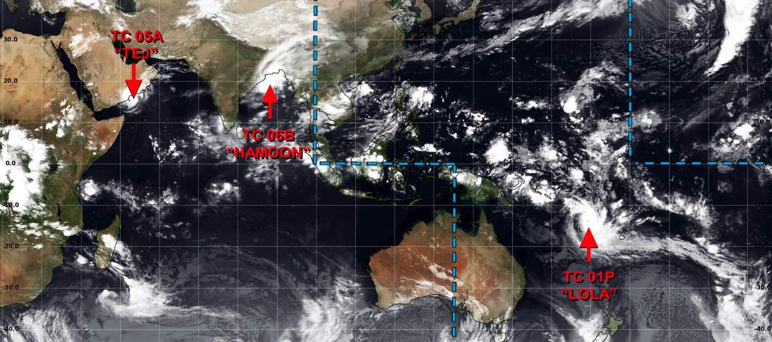 Fig. 1: Aperçu des conditions météorologiques actuelles dans l'océan Indien, le Pacifique Nord-Ouest et le Pacifique Sud; Source: Joint Typhoon Warning Center