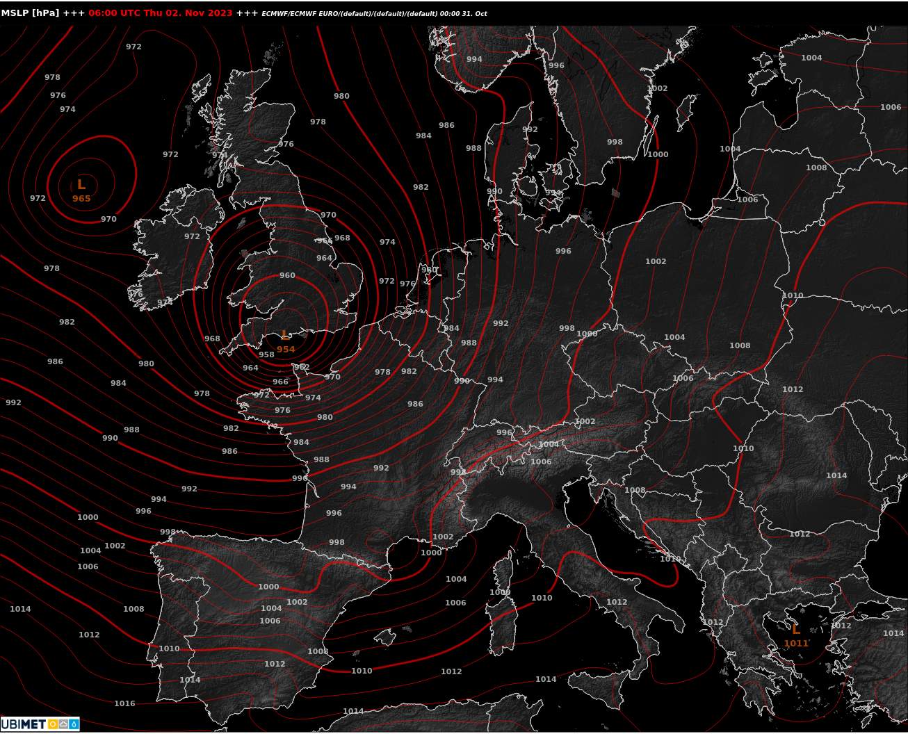 Abb. 1: Am Donnerstagmorgen liegt Ciarán über Südengland (europäisches Wettermodell ECMWF); Quelle: MeteoNews, UBIMET
