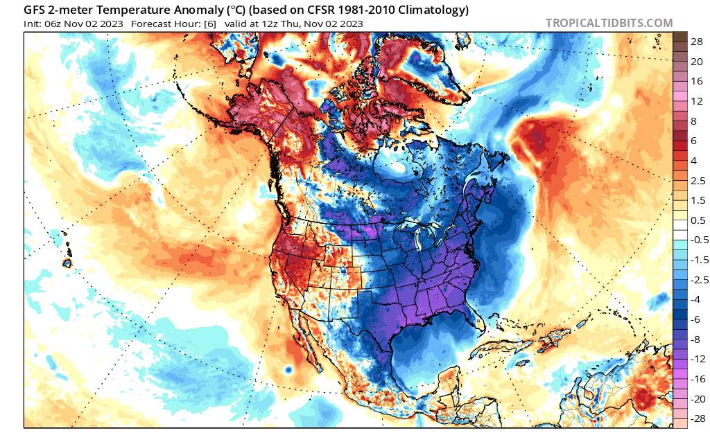 Abb. 2: Temperaturabweichung Nordamerika; Quelle: Tropical Tidbits