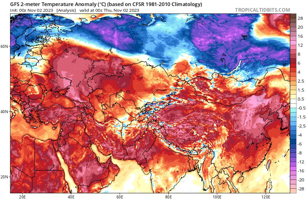 Fig. 1: Variation de température en Eurasie; Source: Tropical Tidbits