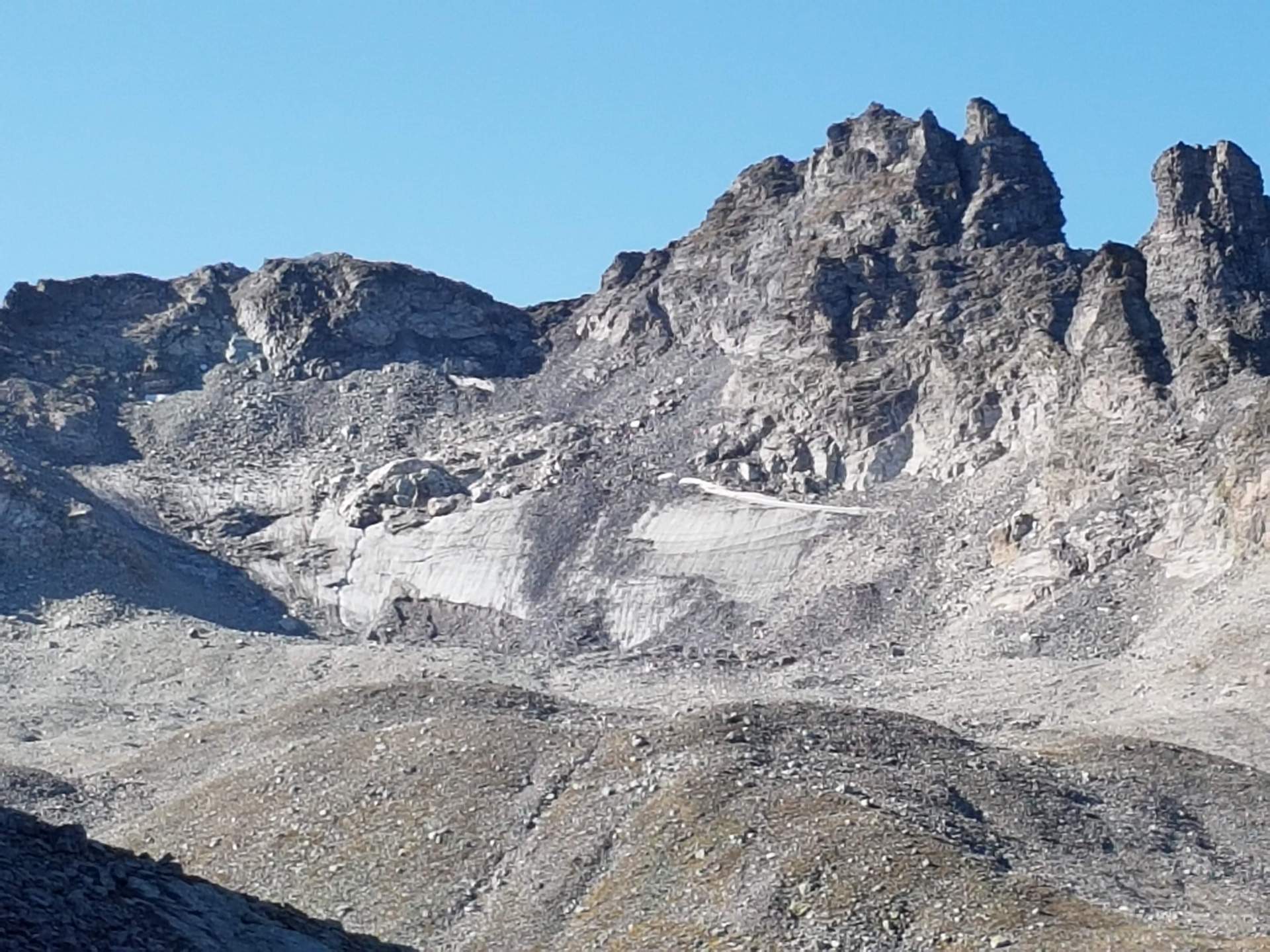 Fig. 1: Pizol Glacier 2019: Dead ice remains only partially covered by rubble and scree; Source: Roger Perret