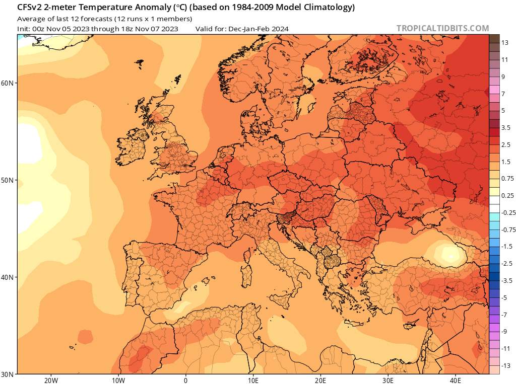 Abb. 8: Abweichung der Temperatur gegenüber dem langjährigen Mittel in Europa für die Monate Dezember, Januar und Februar (CFSv2, NOAA); Quelle: tropicaltidbits.com