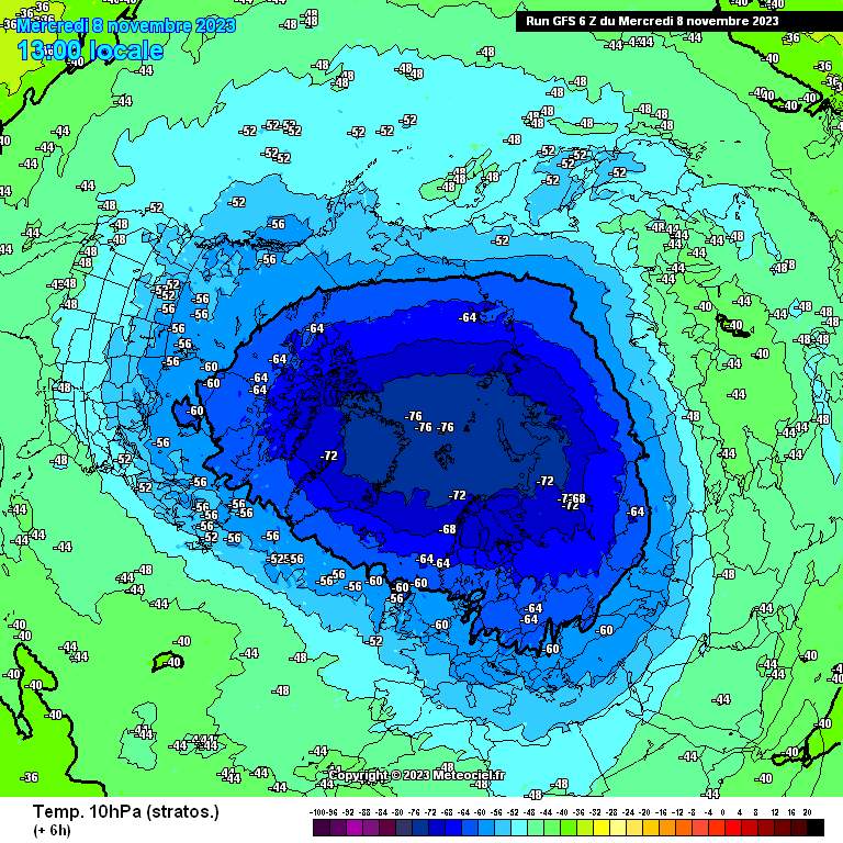 Fig. 1: Currently intact polar vortex, temperature at approx. 30 km altitude (10 hPa level, GFS); Source: meteociel.fr