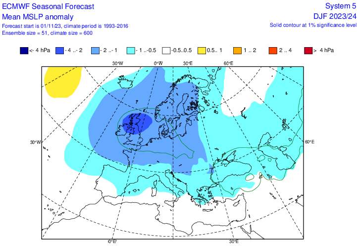 Fig. 3: Écart de pression atmosphérique par rapport à la moyenne pluriannuelle en Europe pour les mois de décembre, janvier et février (ECMWF); Source: ECMWF