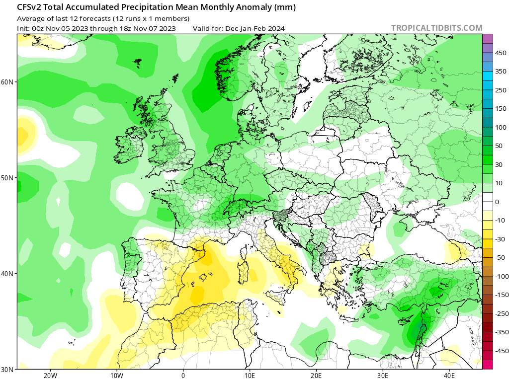 Fig. 6: Écart des précipitations par rapport à la moyenne pluriannuelle en Europe pour les mois de décembre, janvier et février (CFSv2, NOAA); Source: meteociel.fr