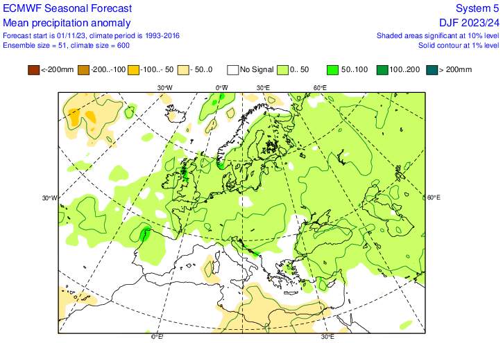 Fig. 5: Ecart des précipitations par rapport à la moyenne pluriannuelle en Europe pour les mois de décembre, janvier et février (ECMWF); Source: ECMWF