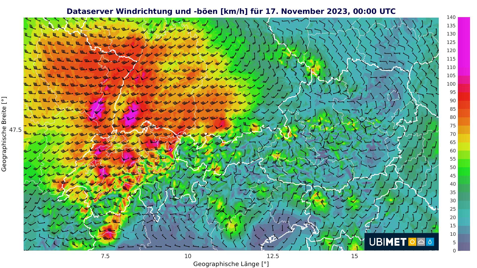Fig. 3: Wind peaks in the night to Friday, November 17, 00:00 UTC; Source: MeteoNews, Ubimet